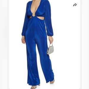 NWT, Plus Size Plisse Cut Out Plunge Jumpsuit - Royal Blue